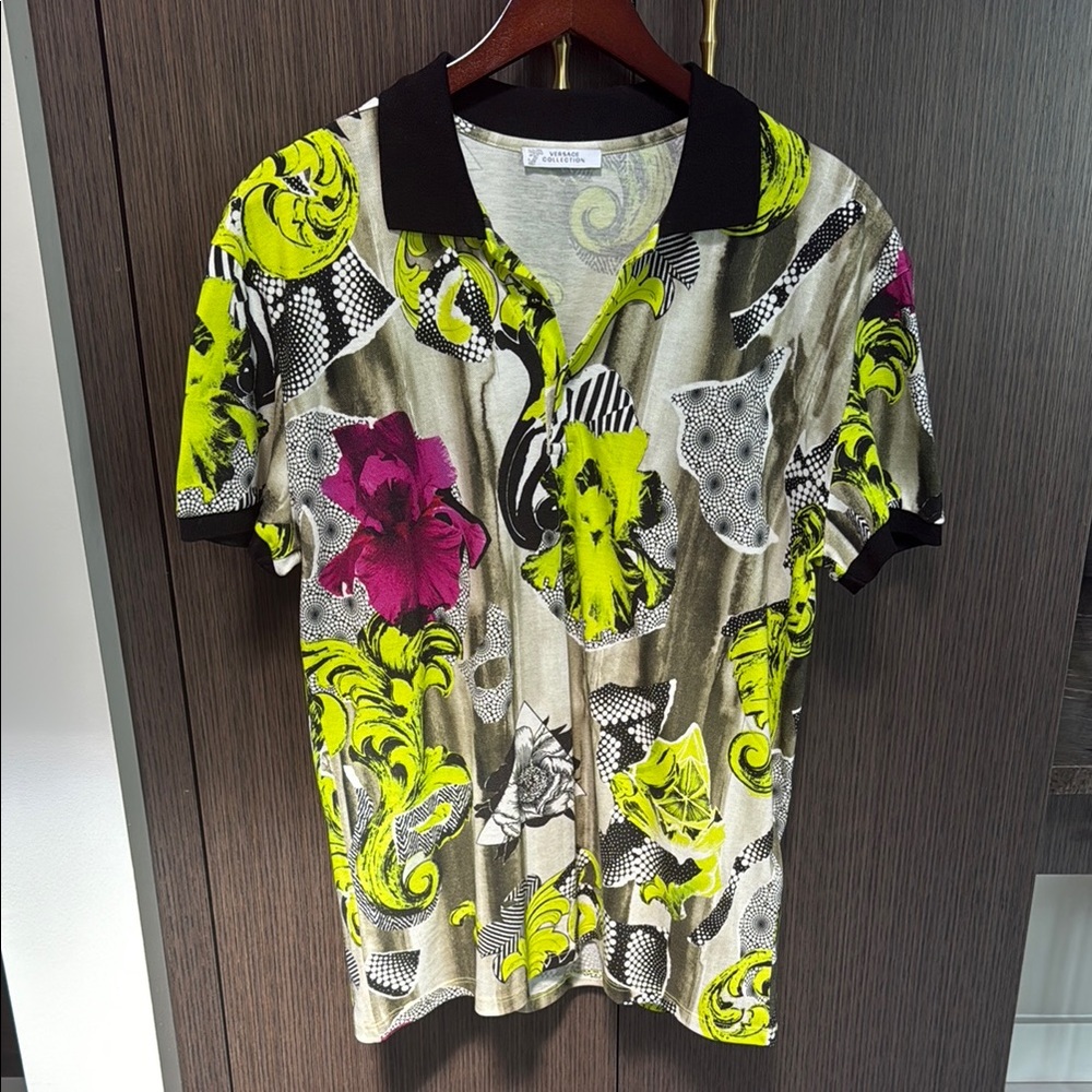 Versace Collection Polo Shirt in Yellow and Pink Abstract Design NEW